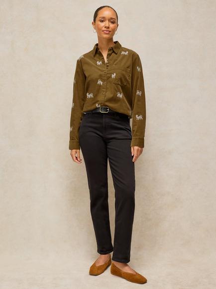 White Stuff Libby Cotton Regular Fit Embroidered Shirt, Khaki/Multi, Khaki/Multi