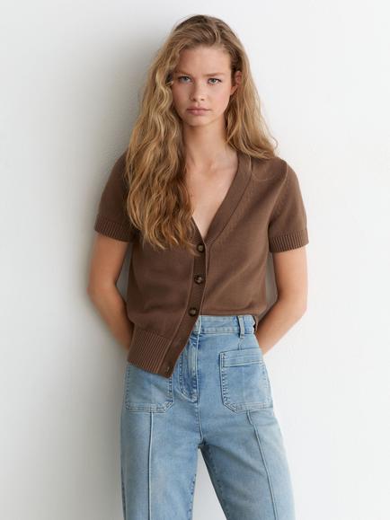 Reiss Anya Short Sleeve Cardigan, Taupe Neutral, Taupe Neutral