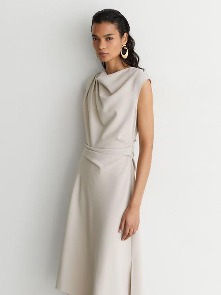 Reiss Camilla Ruched Midi Dress, Stone Neutral - view 2, Stone Neutral