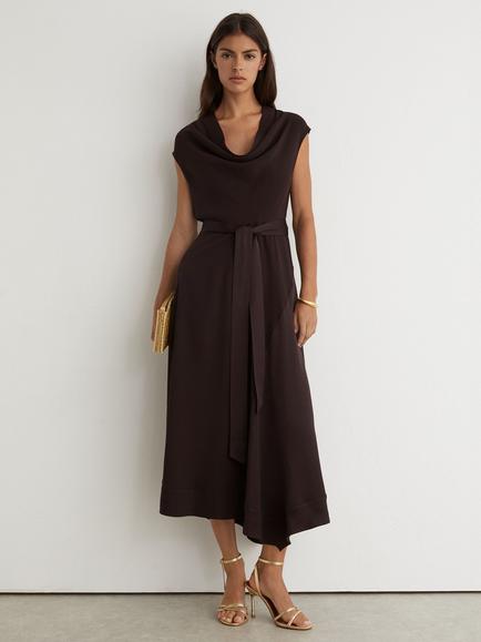 Reiss Justine Cowl Neck Sleeveless Midi Dress, Grape Burgundy, Grape Burgundy