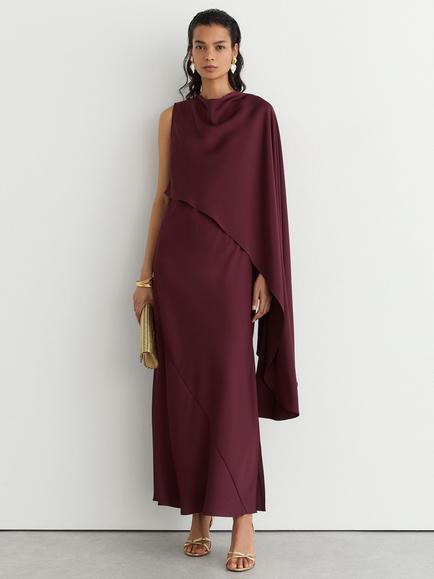 Reiss Winnie Asymmetric Cape Detail Maxi Dress, Berry Red, Berry Red
