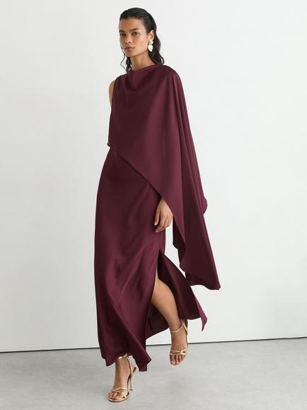Reiss Winnie Asymmetric Cape Detail Maxi Dress, Berry Red - view 2, Berry Red