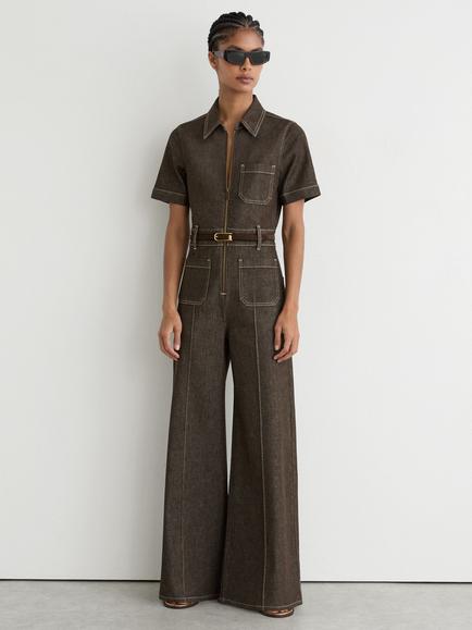 Reiss Danie Short Sleeve Denim Jumpsuit, Chocolate Brown, Chocolate Brown
