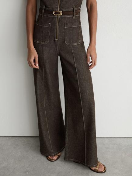 Reiss Danie Short Sleeve Denim Jumpsuit, Chocolate Brown - view 2, Chocolate Brown
