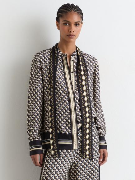 Reiss Carmine Geometric Long Sleeve Top, Navy/Gold, Navy/Gold