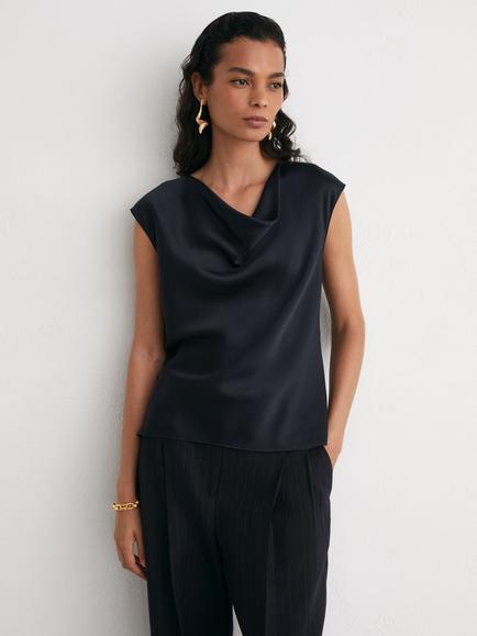 Reiss Cate Silk Cap Sleeve Top, Navy, Navy