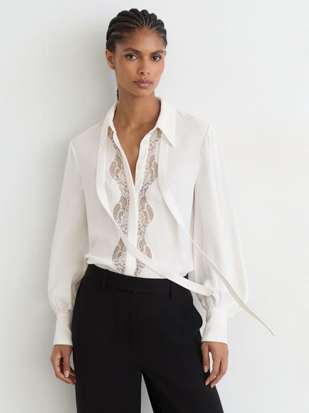 Reiss Estelle Lace Detail Tie Neck Blouse, Ivory, Ivory