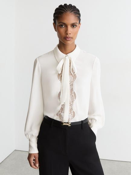 Reiss Estelle Lace Detail Tie Neck Blouse, Ivory - view 2, Ivory