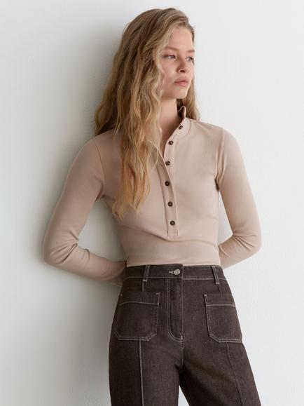 Reiss Ida Stretch Cotton Button Funnel Neck Top, Neutral, Neutral