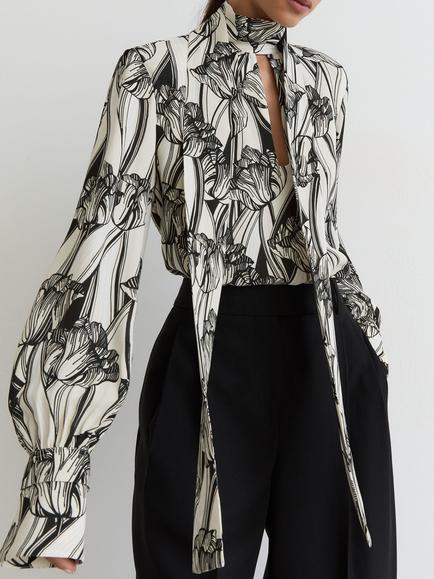 Reiss Kennedy Tie Blouse, Black/White, Black/White