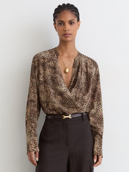 Reiss Laurie Matt Silk Animal Print Drape Neck Blouse, Brown, Brown