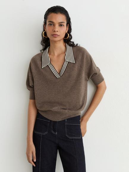 Reiss Neva Wool Striped Collar Top, Taupe Brown, Taupe Brown