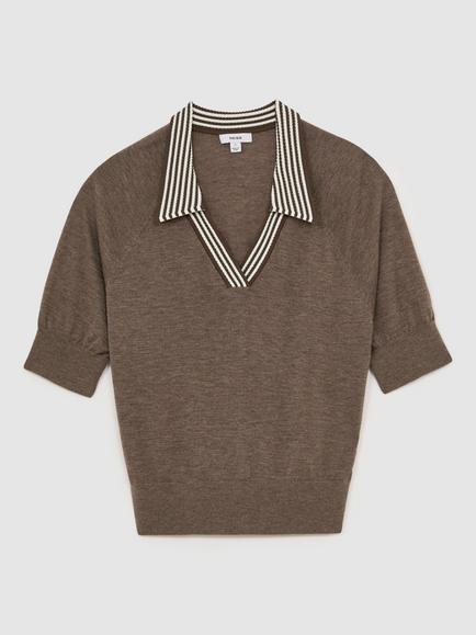 Reiss Neva Wool Striped Collar Top, Taupe Brown - view 2, Taupe Brown