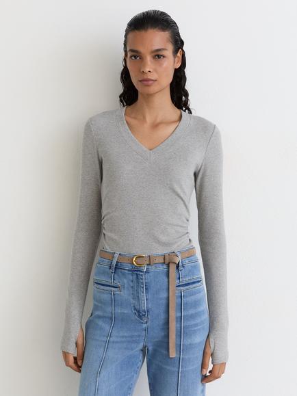 Reiss Sandrine V-Neck Long Sleeve Top, Grey Marl, Grey Marl