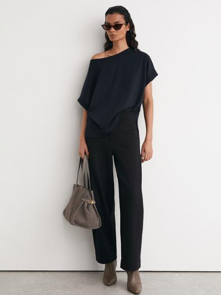 Reiss Sia Asymmetric Neck Cotton T-Shirt, Navy, Navy