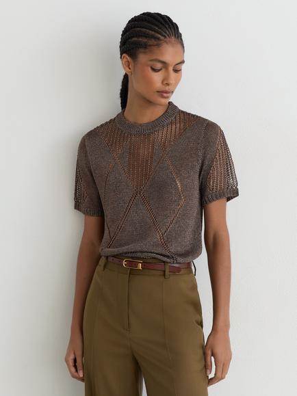 Reiss Tamsin Metallic Argyle Open Knit Top, Gunmetal Grey, Gunmetal Grey