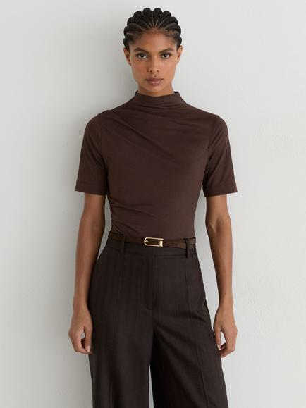 Reiss Tulia Cotton Blend High Neck Drape Top, Grape Burgundy, Grape Burgundy