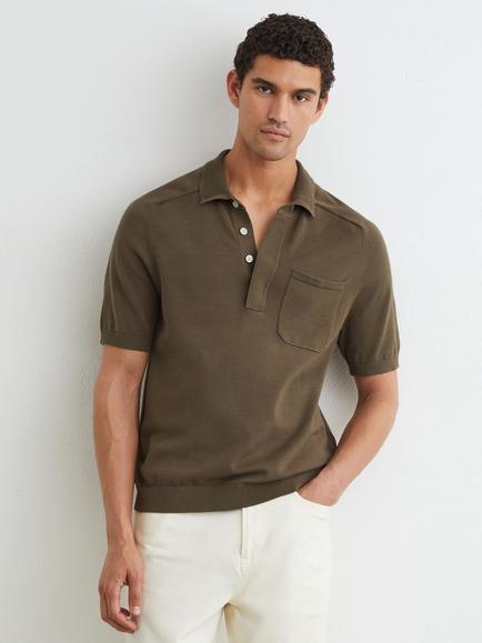 Reiss Selkirk Cotton Knit Concealed Placket Short Sleeve Polo Shirt, Taupe Brown