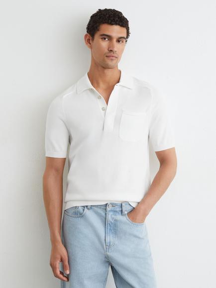 Reiss Selkirk Cotton Knit Concealed Placket Short Sleeve Polo Shirt, White
