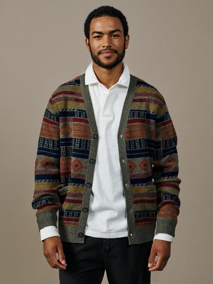 Aubin Merino Wool with Cashmere Baysdale Pattern Cardigan, Khaki/Multi, Khaki/Multi