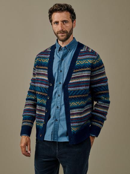 Aubin Fenton Pure Wool Fair Isle Geo Cardigan, Blue/Multi, Blue/Multi