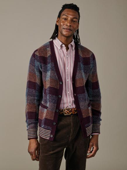 Aubin Fournier Merino Wool with Cashmere Abstract Pattern Cardigan, Red/Multi, Red/Multi