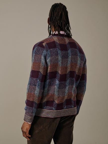 Aubin Fournier Merino Wool with Cashmere Abstract Pattern Cardigan, Red/Multi - view 2, Red/Multi