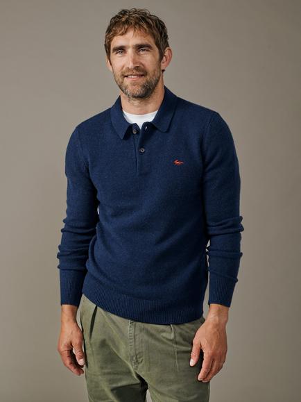 Aubin Shore Wool Blend Long Sleeve Knitted Polo Top, Navy, Navy