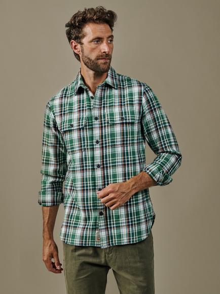 Aubin Crowle Pure Cotton Flannel Check Shirt, Green/Ecru