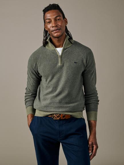 Aubin Bonby Zip Neck Cotton Jumper, Khaki