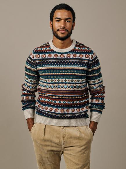 Aubin Lindale Pure Wool Fair Isle Crew Neck Jumper, Navy/Ecru, Navy/Ecru