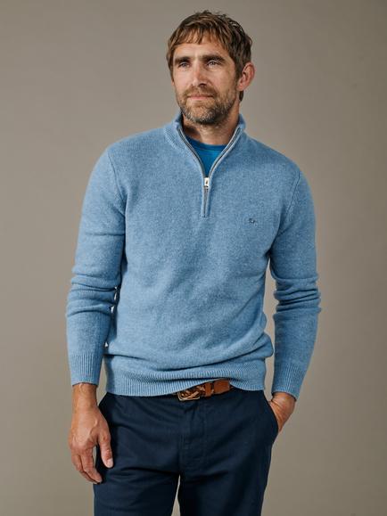 Aubin Pepper Wool Rich Zip Neck Jumper, Mid Blue