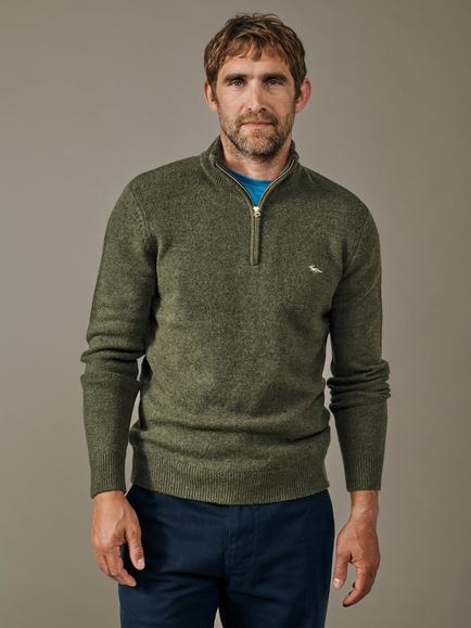 Aubin Pepper Wool Rich Zip Neck Jumper, Khaki
