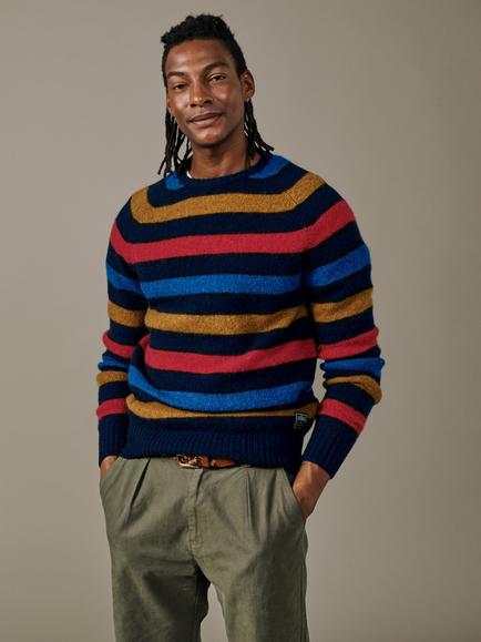 Aubin Prestwick Wool Stripe Crew Neck Jumper, Navy/Multi, Navy/Multi
