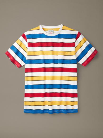 Aubin Santon Cotton Relaxed Crew Neck Stripe T-Shirt, Yellow/Red/Blue, Yellow/Red/Blue