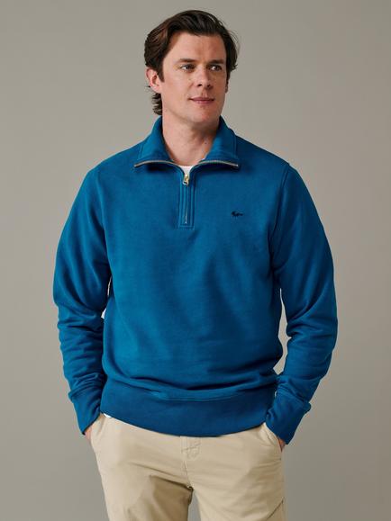 Aubin Harris Cotton Zip Neck Jumper, Washed Cobalt, Washed Cobalt