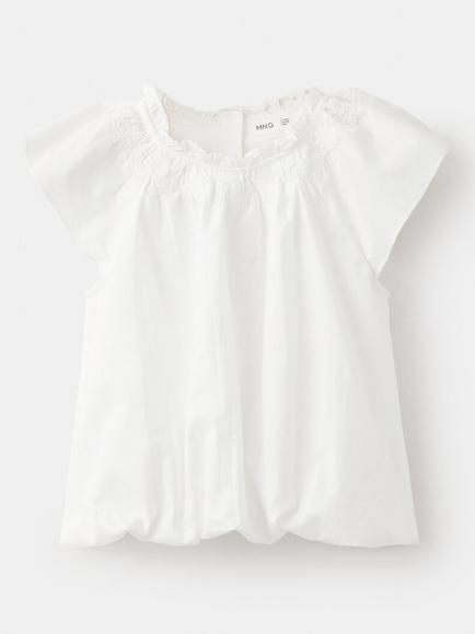 Mango Kids' Short Sleeve Gathered Neck Blouse, White, White