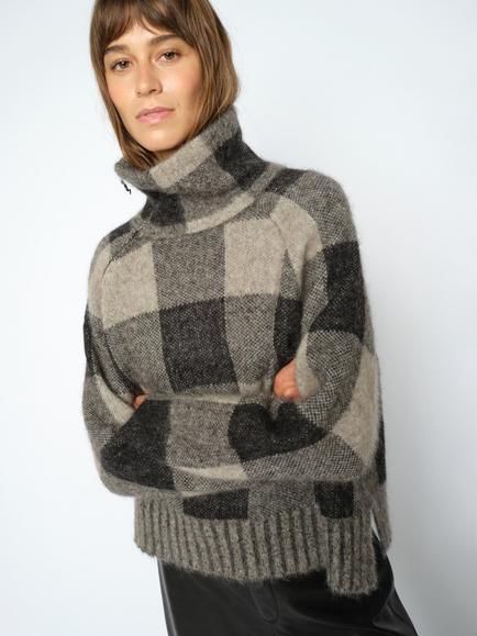 MOS MOSH Mmmaija Mohair Rich Roll Neck Check Jumper, Black - view 2, Black