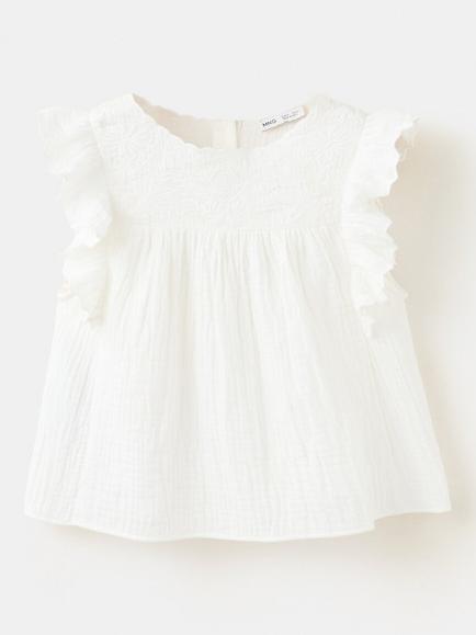 Mango Kids' Embroidered Flutter Sleeve Blouse, White, White