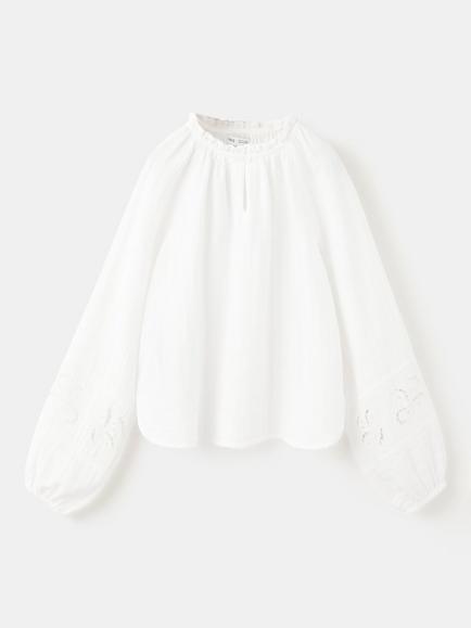 Mango Kids' Embroidered Balloon Sleeve Blouse, White, White