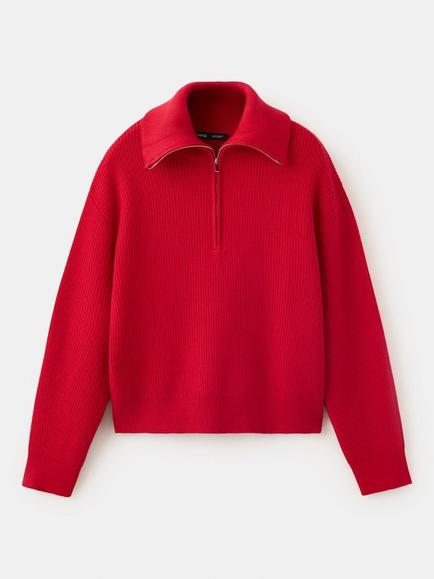 Mango Ribbed Half-Zip Knit Jumper, Red, Red
