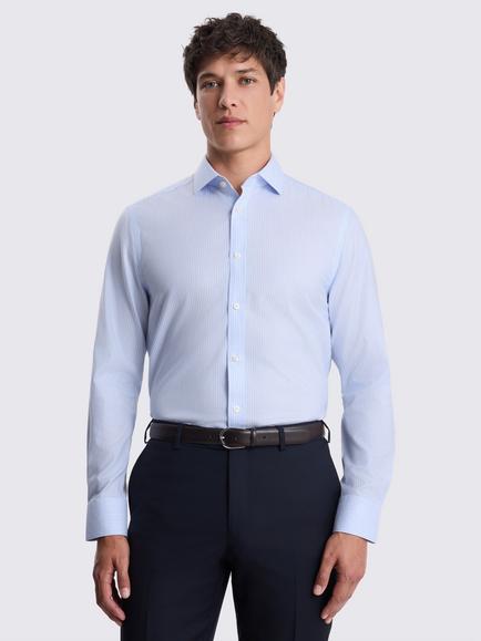 Moss Cotton Tailored Fit Narrow Stripe Non-Iron Shirt, Sky Blue, Sky Blue
