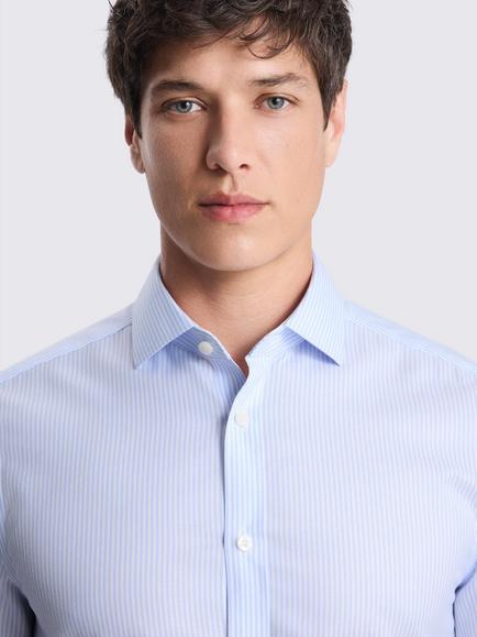 Moss Cotton Tailored Fit Narrow Stripe Non-Iron Shirt, Sky Blue - view 2, Sky Blue