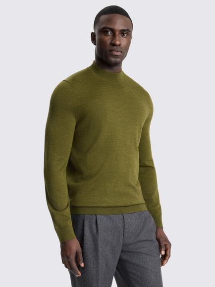 Moss Merino Wool Mock Neck Jumper, Olive Green