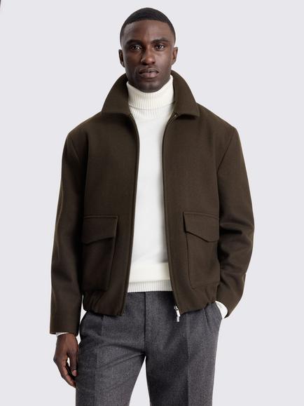 Moss Wool Blend Blouson Jacket, Khaki Green, Khaki Green
