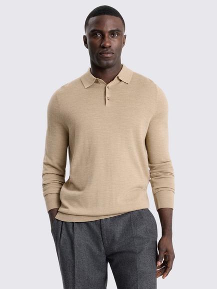 Moss Merino Wool Blend Long Sleeve Polo Shirt, Camel, Camel