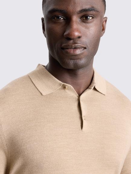 Moss Merino Wool Blend Long Sleeve Polo Shirt, Camel - view 2, Camel