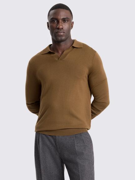Moss Merino Wool Blend Long-Sleeve Skipper Polo, Tobacco Brown, Tobacco Brown