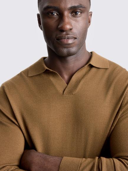 Moss Merino Wool Blend Long-Sleeve Skipper Polo, Tobacco Brown - view 2, Tobacco Brown