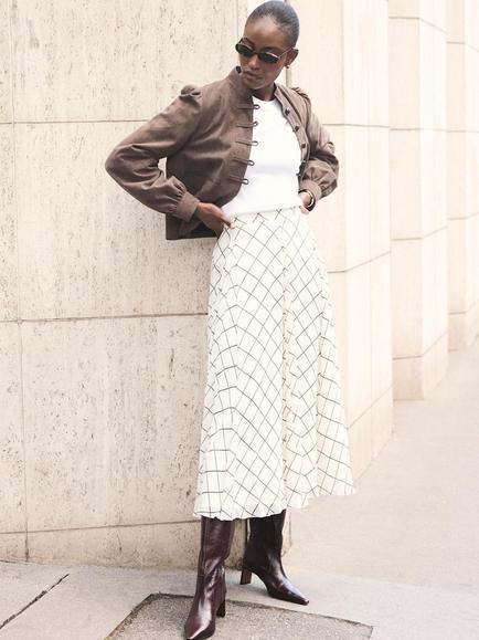 Mint Velvet Check A-Line Midi Skirt, Natural, Natural